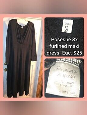 Poseshe Black Faux-Fur Lined Long Sleeve Maxi Dress - 3XL